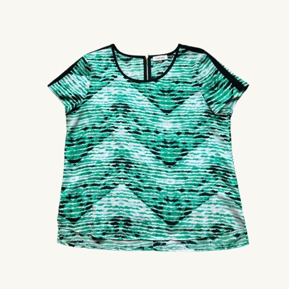 Calvin Klein Women's Green Patterned Cap Sleeve Top - Size XL